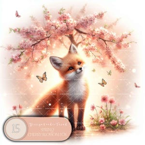 Raposa de flor de cerejeira da primavera - 15 adoráveis designs de animais para decoração de berçário de chá de bebê - Kids Clipart Baby - Não transparente - Uso comercial