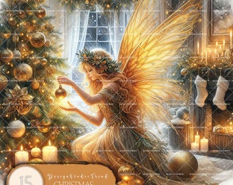 May include: A golden fairy with wings and a crown of flowers decorates a Christmas tree with ornaments. The fairy is wearing a gold dress and has long blonde hair. The tree is decorated with gold ornaments and lights. The scene is set in a cozy living room with a fireplace and a window.