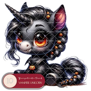 Unicorni vampiri incantati: Clipart di unicorni per bambini di Halloween stravaganti - 10 PNG digitali magici e spettrali per uso commerciale