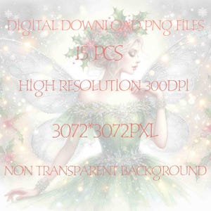 May include: A digital download of 15 PNG files featuring a fairy with wings, a green dress, and a holly crown. The image is high resolution, 300 DPI, and 3072 x 3072 pixels. The background is non-transparent.