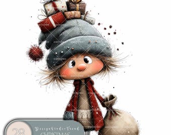 May include: A cartoon illustration of a character wearing a large gray knit hat topped with a stack of colorful gift boxes. The character wears a red coat over a beige sweater and holds a large beige sack. Text reads 28 DesignStudioTrend CHRISTMAS GNOME.