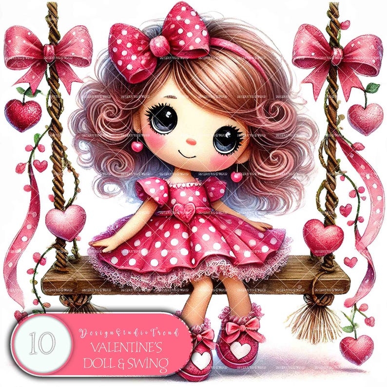 May include: A pink and white polka dot dress with a white lace trim. A doll with brown hair and pink bows sits on a wooden swing with pink hearts and flowers.