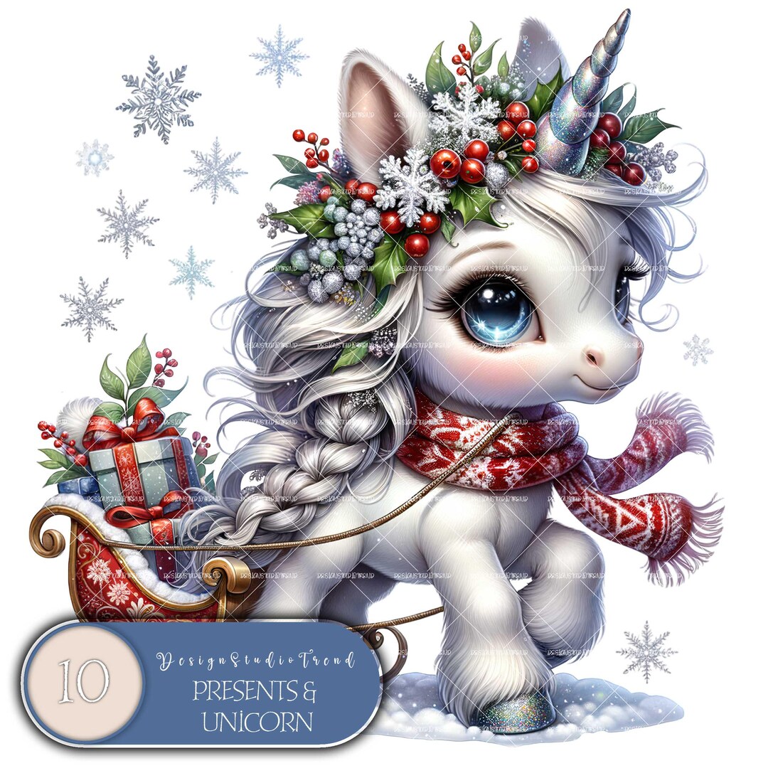 Magical Baby Unicorn Winter Clipart Set - Holiday Sleigh & Presents ...