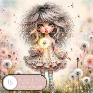 Clipart de menina dente-de-leão caprichoso de primavera – 15 designs florais PNG peculiares para sublimação e artesanato faça você mesmo – Download digital - Não transparente