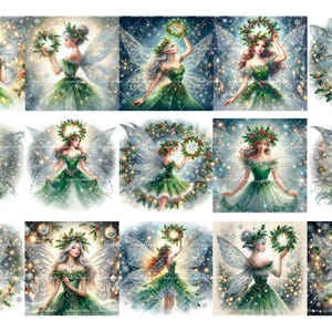 May include: Twelve digital illustrations of fairies with green dresses and wings, each holding a wreath of holly and berries. The fairies are set against a sparkling background with snowflakes.
