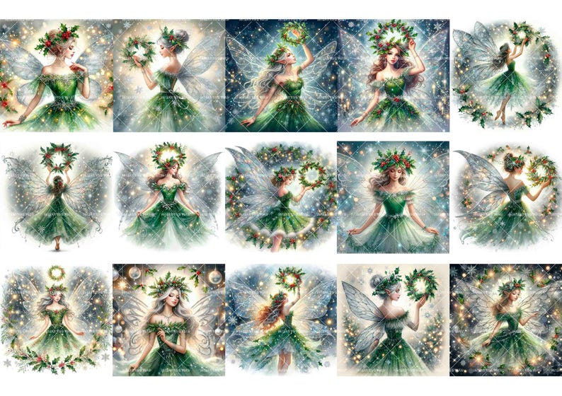 May include: Twelve digital illustrations of fairies with green dresses and wings, each holding a wreath of holly and berries. The fairies are set against a sparkling background with snowflakes.