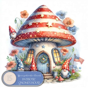 Casa do Gnomo Cogumelo Patriótico País das Maravilhas Clipart Chá de Bebê Decoração de Berçário - 15 PNG 4th July Designs - Não Transparente - Uso Comercial