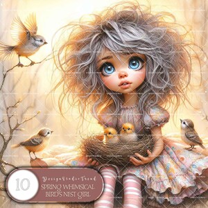 Clipart de niña con nido de pájaro de primavera: 10 diseños PNG florales para sublimación y manualidades de bricolaje: descarga digital, no transparente