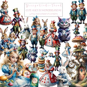 Alicja w Krainie Czarów ClipArt Bundle - 72 wysokiej jakości akwarelowe obrazy PNG do Junk Journals - wysokiej jakości przezroczystość - do użytku komercyjnego