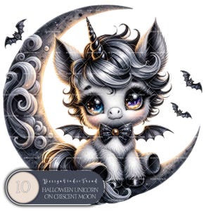Incantevole Clipart di unicorno di Halloween - 10 stravaganti unicorni con luna crescente - Download digitali magici, carini e spettrali - Uso commerciale