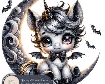 May include: A digital illustration of a Halloween-themed unicorn with bat wings, a black horn, and a bow tie, sitting on a crescent moon. The unicorn has large, colorful eyes and is surrounded by bats. The text reads "Halloween Unicorn on Crescent Moon."