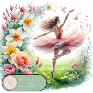 Clipart de bailarina de baile floral de primavera: 15 diseños PNG de acuarela de flores caprichosas para manualidades: uso comercial de alta calidad, no transparente
