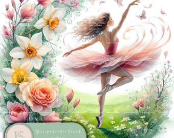 Watercolor Ballerina Clipart: Spring Floral PNG Designs (Commercial Use)