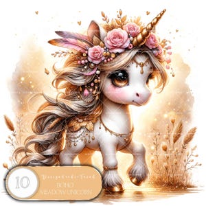 Pacote de clipart de unicórnio de prado estilo boho encantador - 10 adoráveis unicórnios bebês - Arte digital caprichosa - Uso comercial - Não transparente