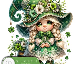 St. Patrick's Girl Gnome Clipart: Floral Spring Garden (PNG Digital Download)
