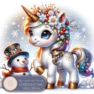 Pacchetto di clipart di unicorni natalizi n. 3 - 15 adorabili unicorni - Arte digitale del paese delle meraviglie invernale per uso commerciale - Non trasparente