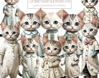 Baby Shower Cat Clipart: 34 Transparent PNG Paper Dolls (Commercial Use)