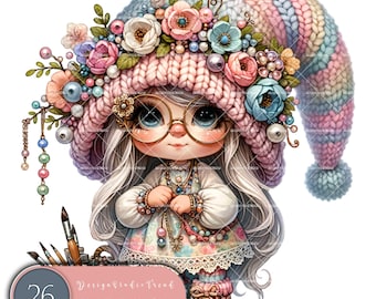 Jeweled Gnome Clipart: 25 Whimsical Watercolor PNG Graphics (Commercial Use)