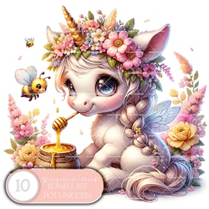 Blommig enhörning Clipart: Humla krukdesign (PNG, kommersiellt bruk)