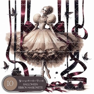 May include: A marionette doll wearing a cream-colored lace dress with puffed sleeves and a large dark red bow, suspended by dark ribbons. The scene includes black butterflies, dark roses, and a label reading 10 DesignStudioTrend HALLOWEEN RIBBON MARIONETTE.