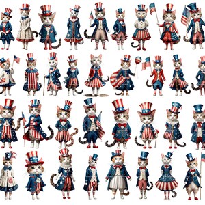 May include: A collection of 36 digital illustrations of cats dressed in patriotic red, white, and blue outfits. The cats are wearing hats, vests, and pants, and some are holding flags or balloons. The illustrations are perfect for scrapbooking, card making, or other creative projects.