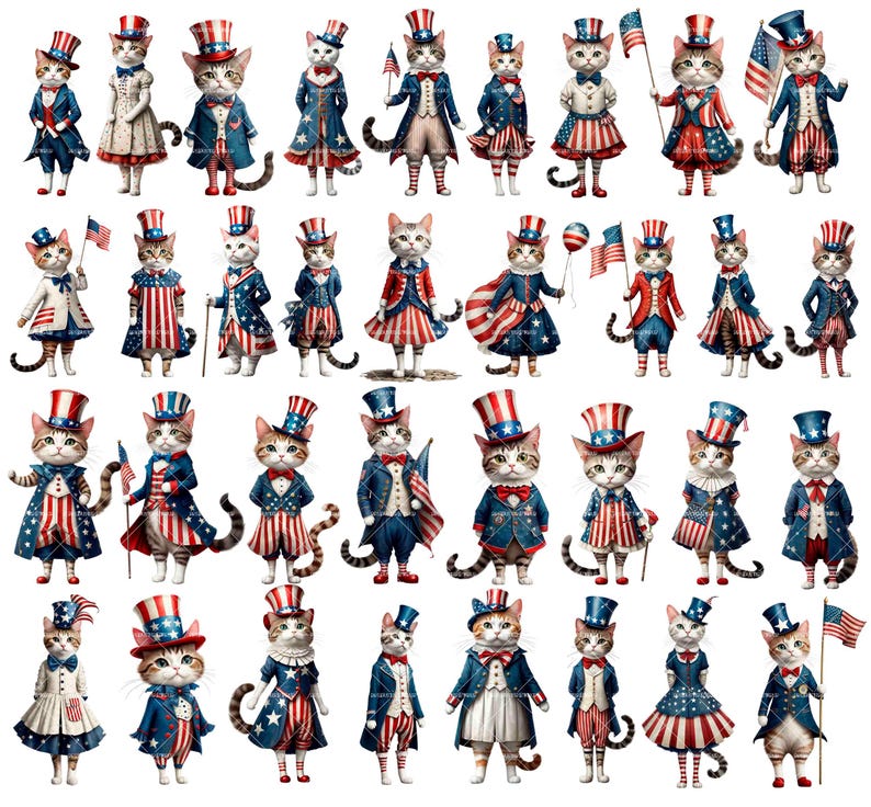 May include: A collection of 36 digital illustrations of cats dressed in patriotic red, white, and blue outfits. The cats are wearing hats, vests, and pants, and some are holding flags or balloons. The illustrations are perfect for scrapbooking, card making, or other creative projects.