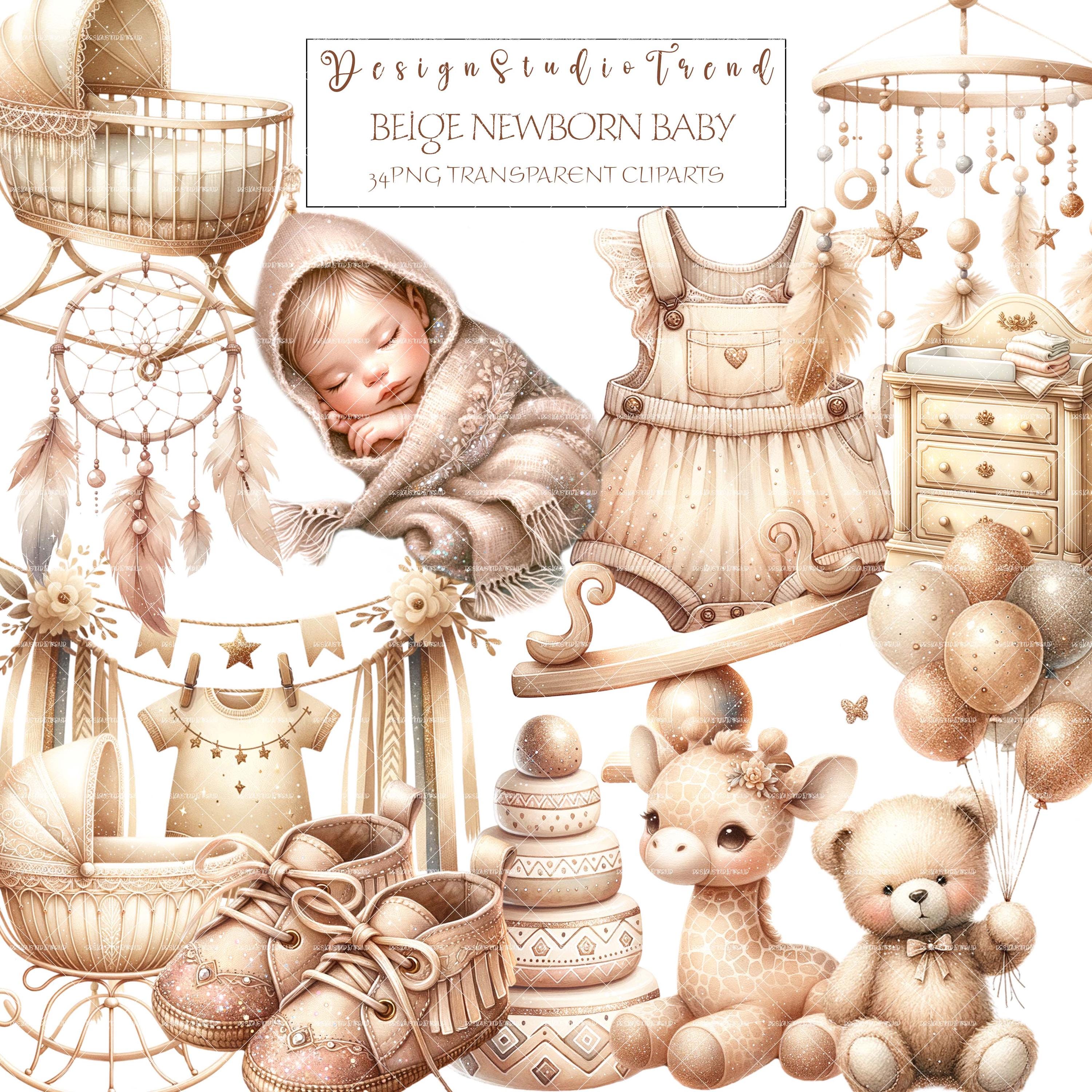 Aquarell Baby Clipart Bundle: Beige Kinderzimmer PNG (Digital Download)