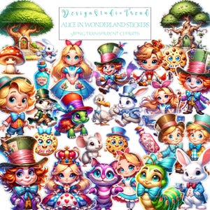 Alice nel paese delle meraviglie Clip Art Bundle Adesivi - 58 Immagini PNG di illustrazioni di alta qualità per Junk Journals - Uso commerciale