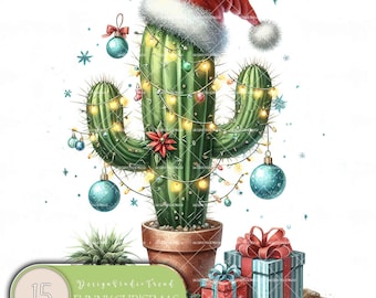 May include: A green cactus wearing a red Santa hat is decorated with Christmas lights and ornaments. The cactus is in a brown pot and is sitting on a sandy surface with wrapped presents.