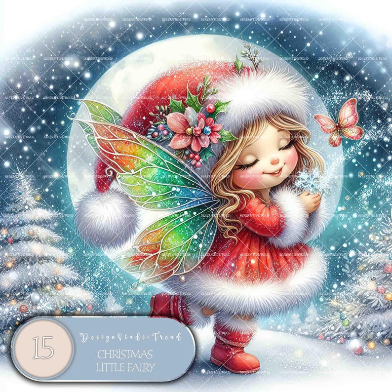 May include: A Christmas fairy with iridescent wings and a red and white dress holds a snowflake in front of a snowy background with a full moon.