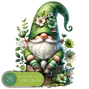 Könnte beinhalten: Ein grüner Zwerg mit weißem Bart sitzt auf einem Baumstumpf. Der Zwerg trägt einen grünen Hut mit weißen Blumen und ein grün-weiß gestreiftes Outfit. Der Zwerg ist von grünen Blättern und Blumen umgeben.