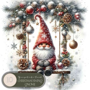 Ensemble de cliparts de balançoire gnome de Noël enchantée pour baby shower et décoration de chambre d'enfant - 10 modèles de balançoires magiques enneigées - Non transparent - usage commercial