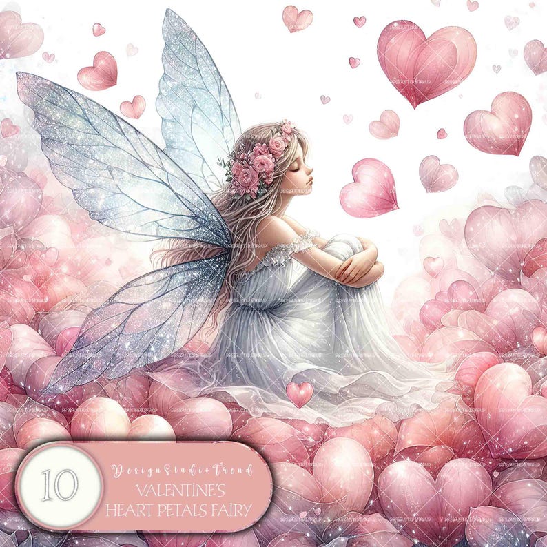 Peut inclure: Une f&eacute;e aux ailes iris&eacute;es est assise sur un lit de p&eacute;tales en forme de c&oelig;ur roses. Elle porte une robe blanche et une couronne de fleurs roses dans les cheveux. L'arri&egrave;re-plan est rempli de c&oelig;urs roses.