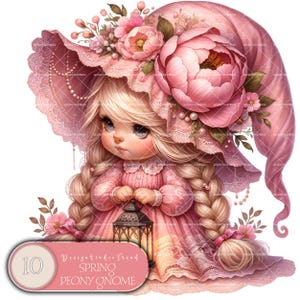 Gnomo de peônia caprichoso de primavera - 10 designs florais de fantasia para decoração de berçário - Não transparente - Uso comercial - Chá de bebê e artesanato faça você mesmo
