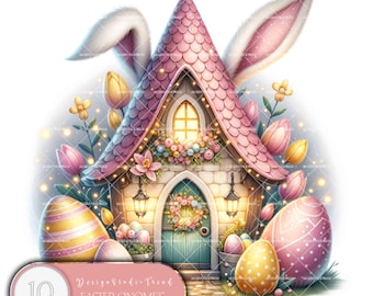 Easter Gnome Bunny House Clipart: 10 PNG Illustrations (Digital Download)