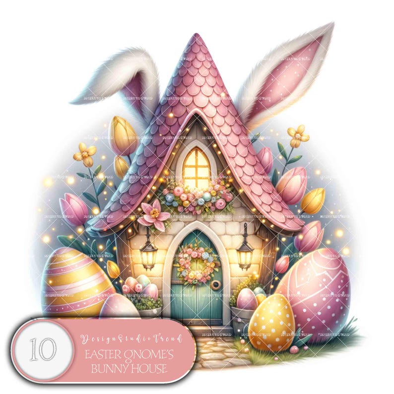 May include: A pink and white bunny house with a green door and a wreath. The house is surrounded by flowers and Easter eggs.