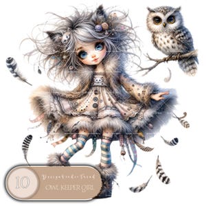 Wunderliche Eulenhüterin Mädchen Clipart Bundle - 10 PNG-Dateien - Boho-Stil PNG-Dateien für Sublimation und kommerzielle Nutzung