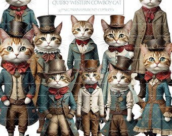 Wild West Cowboy Cat Paper Doll Clipart: 35 PNG Western Printable Set (Commercial Use)