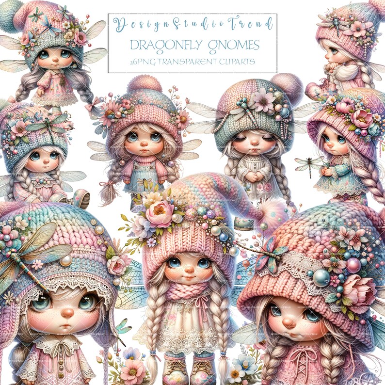 May include: A set of 8 digital clip art images featuring whimsical gnomes with dragonfly wings. The gnomes are dressed in pink and blue knit hats, dresses, and scarves. The gnomes have large eyes and rosy cheeks. The images are perfect for crafting, scrapbooking, and digital design projects.