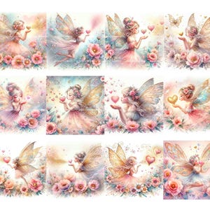 Pu&ograve; includere: Un collage digitale di dodici fate con le ali, ciascuna delle quali tiene un cuore nella mano. Le fate sono circondate da fiori rosa e bianchi su uno sfondo blu chiaro.