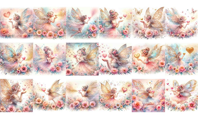 Pu&ograve; includere: Un collage digitale di dodici fate con le ali, ciascuna delle quali tiene un cuore nella mano. Le fate sono circondate da fiori rosa e bianchi su uno sfondo blu chiaro.