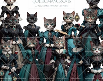 Gothic Manor Cats Paper Doll Clipart: 36 pc Printable Set (Commercial Use)