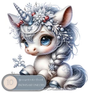 Grillige sneeuwvlok Unicorn Dreams: kerstclipartset – 10 pastelkleurige winterbabyeenhoorns voor magische knutsels en winterontwerpen
