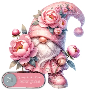 Paquete de imágenes prediseñadas de gnomos de peonía encantados: 24 gnomos extravagantes con delicias florales, perfectos para jardines de primavera y manualidades mágicas