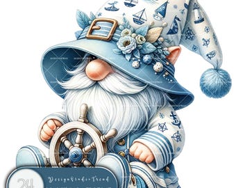Oceanic Gnome Clipart Bundle: Nautical Watercolor PNG (Commercial Use)