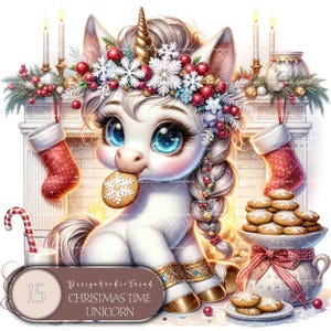 Pacchetto di clipart di unicorni natalizi - 15 adorabili unicorni - Arte digitale del paese delle meraviglie invernali per uso commerciale - Non trasparente
