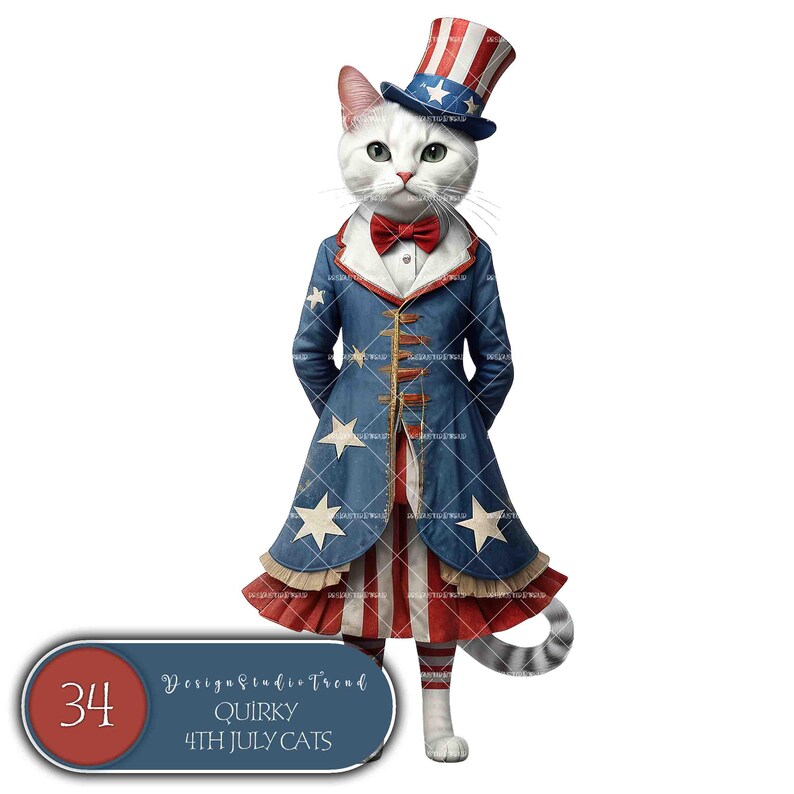 May include: A white cat dressed in a blue and red patriotic costume, wearing a top hat with stars and stripes, a red bow tie, and a long coat with stars and stripes. The cat is standing on a white background.