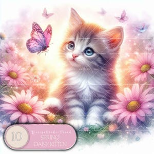 Gattino con margherita primaverile - 10 adorabili disegni di animali per baby shower, decorazioni per la cameretta dei bambini - Wonderland Clipart Baby - Non trasparente - Uso commerciale