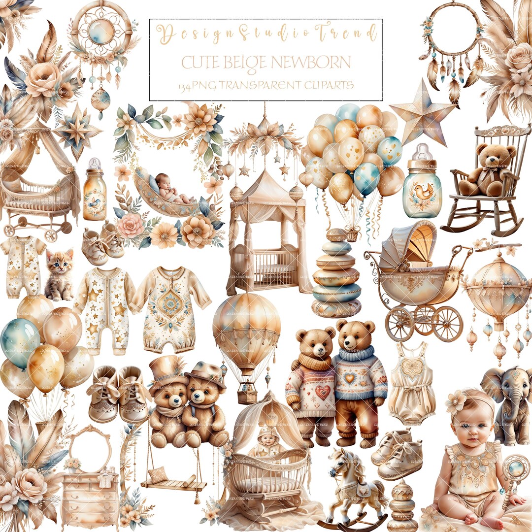 Beige Teddy Bear Baby Shower Clipart Set: Neutral Gender PNG ...