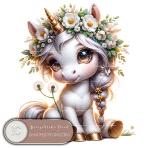 Set di clipart di unicorni con denti di leone stravaganti - 10 unicorni pastello per design primaverili - Download digitale per artigianato e uso commerciale
